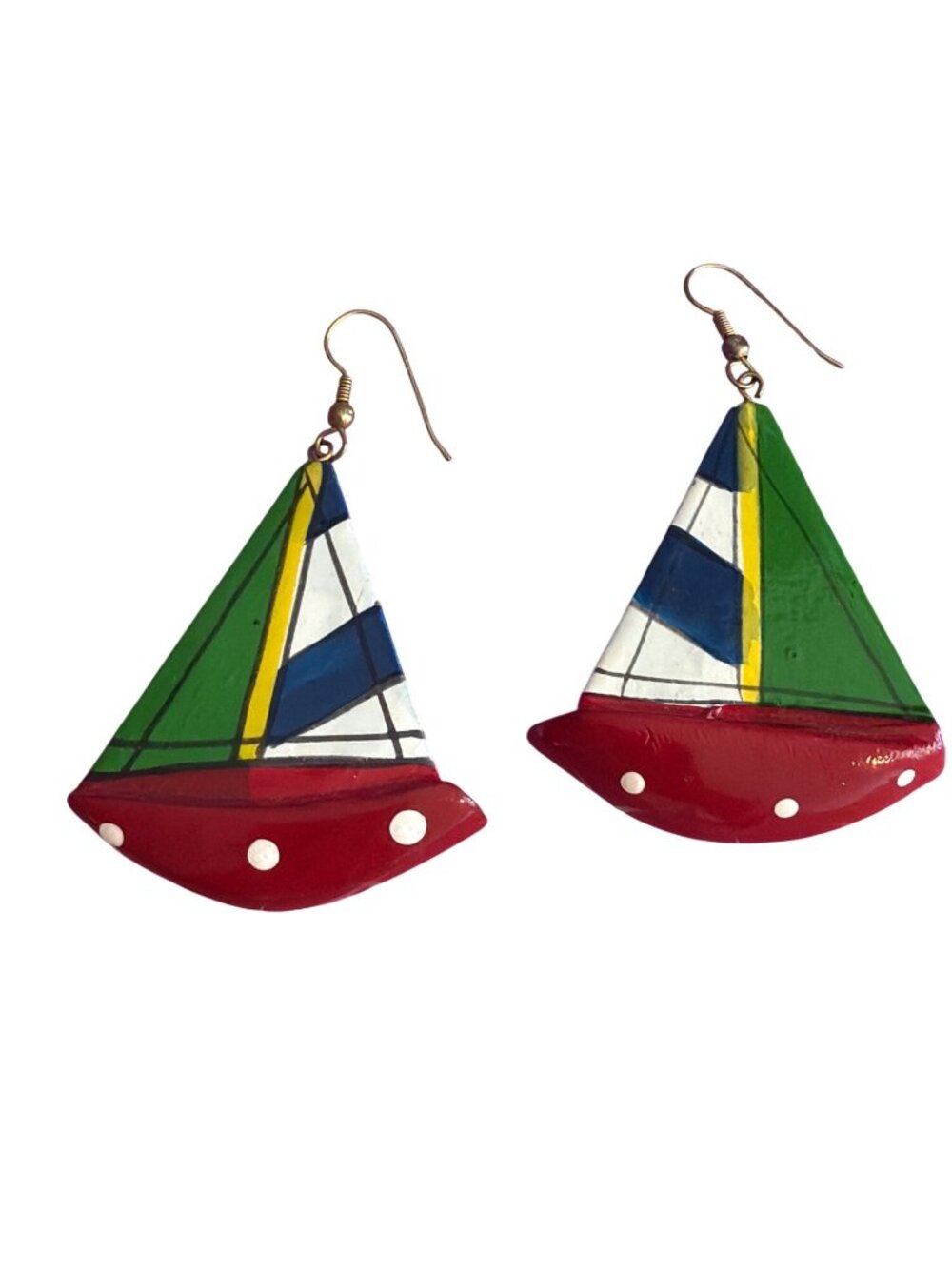 Hand Painted Wooden Sailboat Dangle Earrings Nautical Lightweight Vacation 3"